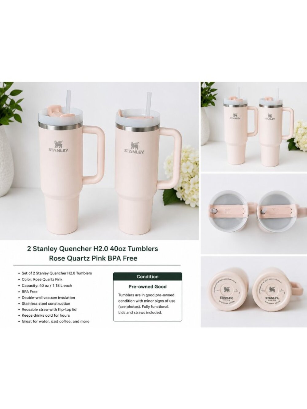 Stanley Quencher H2.0 FlowState 30 oz Tumbler Lot of 2 Pink Travel Cups Handles
